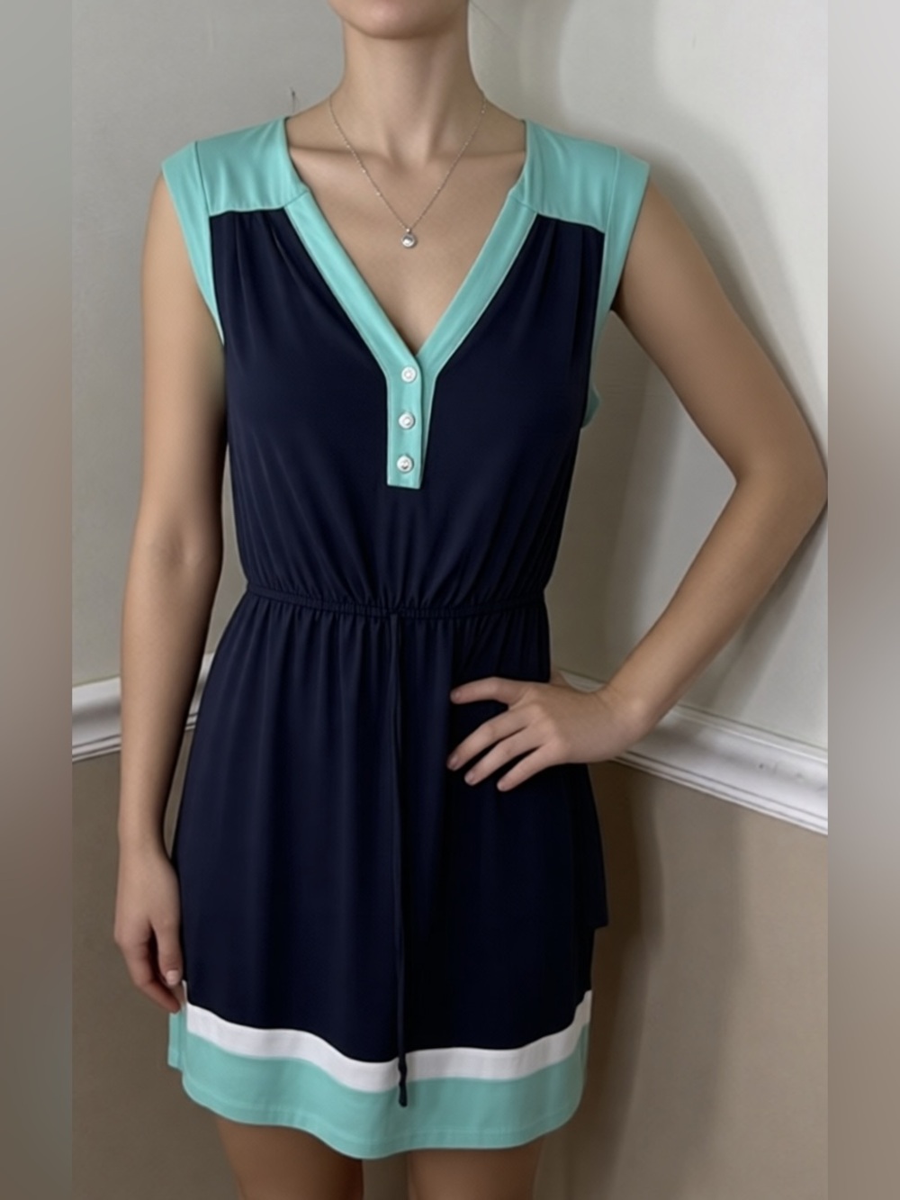 Enfocus Studio Navy with Aqua Trim Sleeveless V-Neck Tunic - Small
